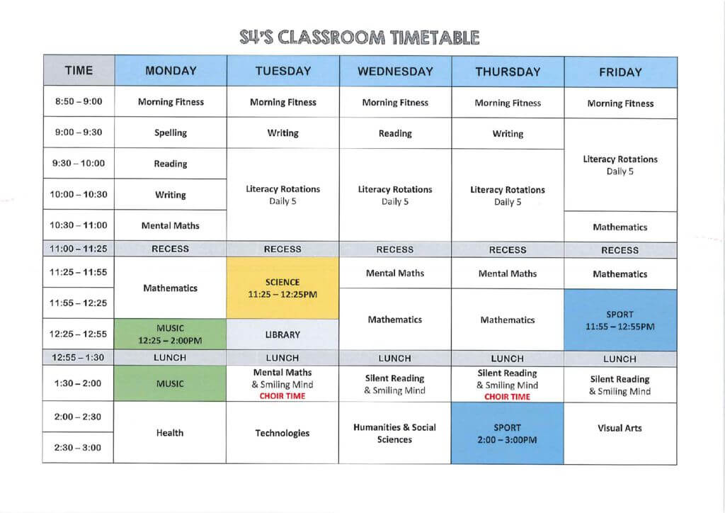 S4 timetable Port Kennedy Primary School